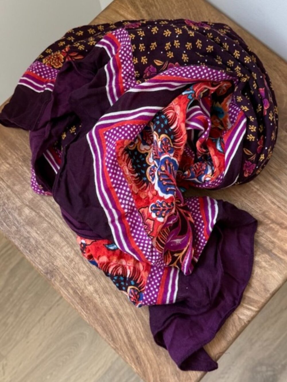 VIBRANT Floral Mixed Print Square Scarf Wrap Red Purple Orange Two-Sided Motif
